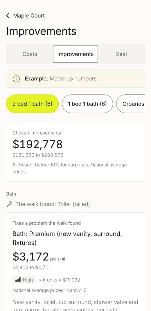 Example: DoorWalk Improvements screen for the same made-up property, with the chosen upgrades total and the first option card